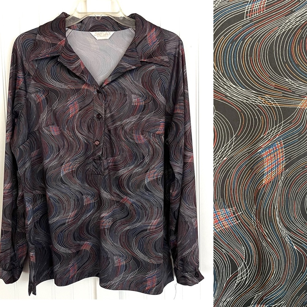 Vintage Plus Size Funky Psychedelic Blouse Top Black Jaylan of California 2X